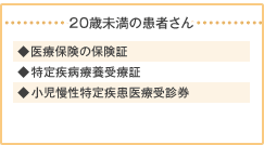 20歳未満の患者さん → ◆医療保険の保険証 ◆特定疾病療養受療証 ◆小児慢性特定疾患医療受診券