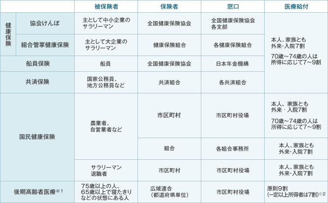 医療保険の種類と窓口の表